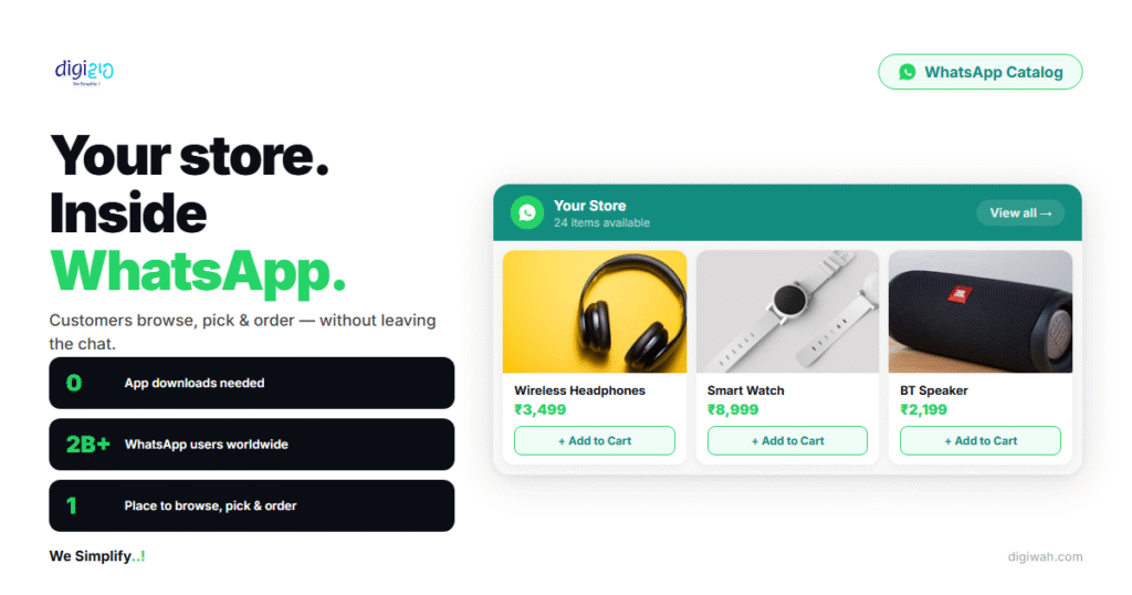 WhatsApp Catalog showing product browsing and cart inside WhatsApp for Indian SMEs