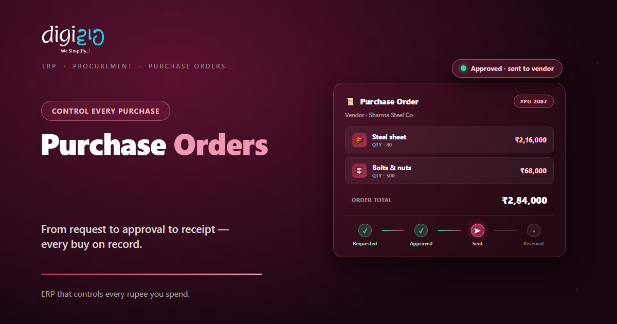 Purchase order in an ERP showing line items and an approval stepper from Requested to Approved to Sent to Received