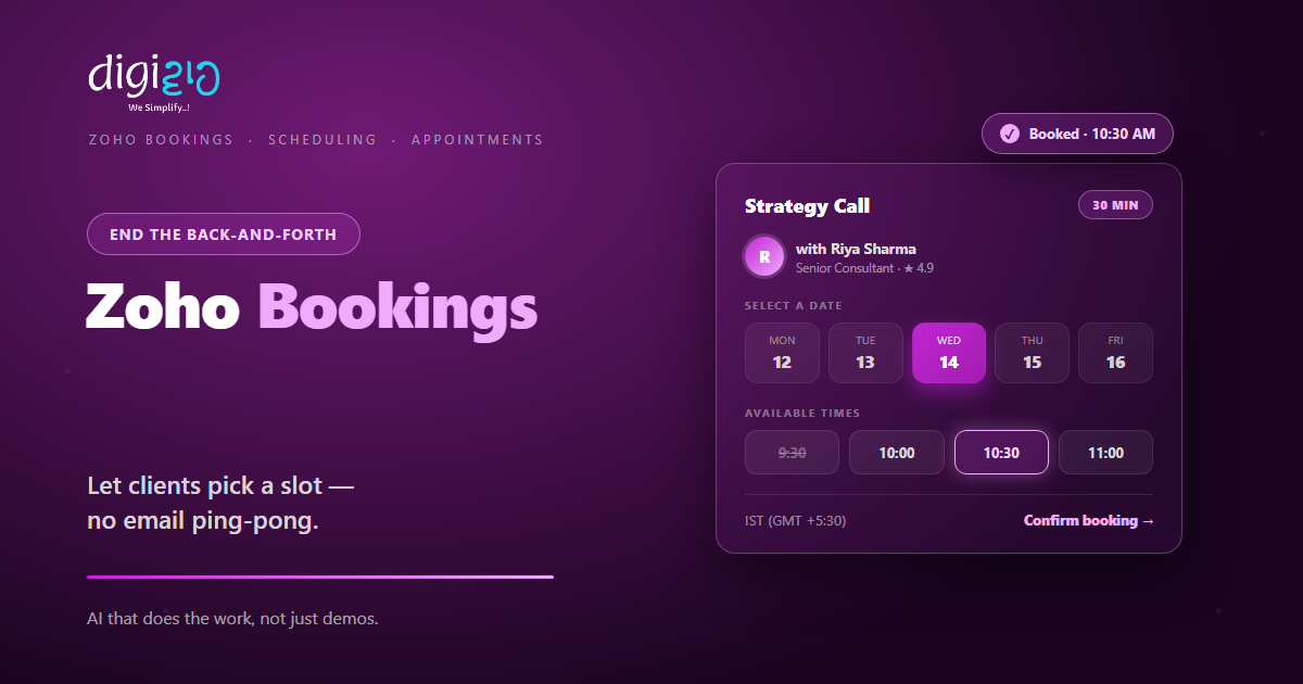 Zoho Bookings appointment card showing a 30-minute call, a date strip, available time slots, and a booked confirmation