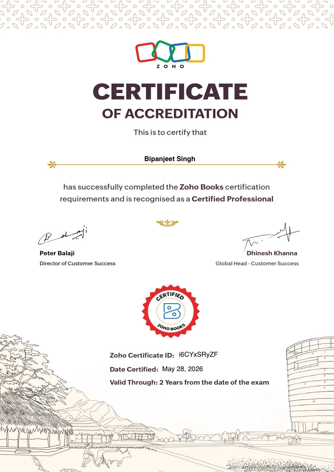 Zoho Books Certified Professional certificate of accreditation awarded to Bipanjeet Singh of Digiwah   Certificate ID 46CYxSPlyZF, certified 28 May 2026
