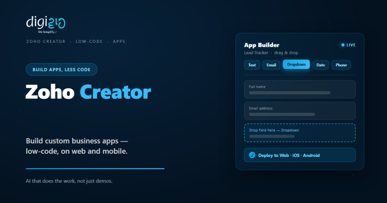 Zoho Creator low-code app builder canvas with drag-and-drop fields, deploying to web and mobile