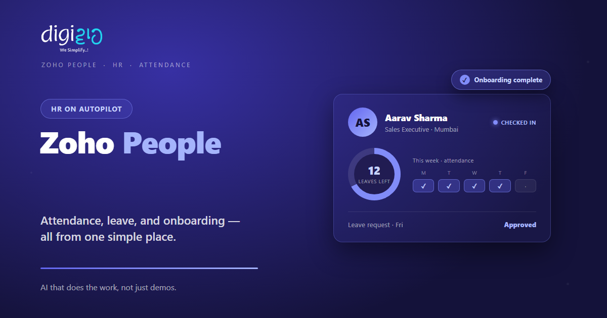 Zoho People employee self-service card showing leave balance, weekly attendance, and an onboarding complete badge
